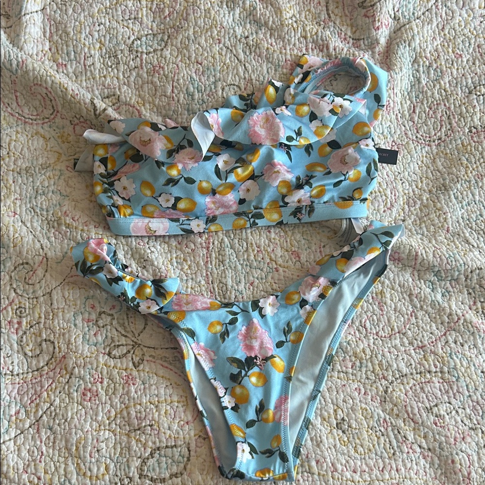 Light Blue Lemon Floral Ruffle Bikini Victoria secrets